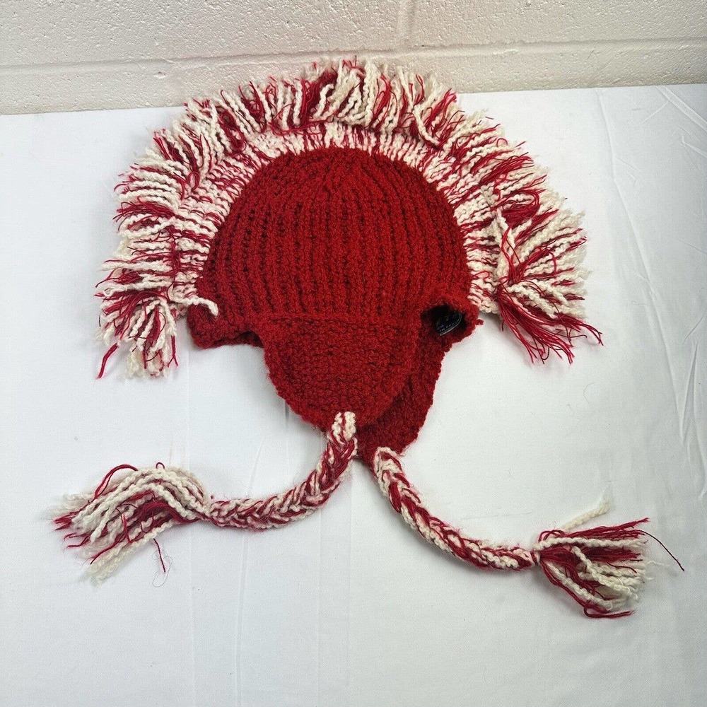Yusu Tex 100% Alpaca Handmade Knitted Tassel Red White Beanie Mohawk Fringe
